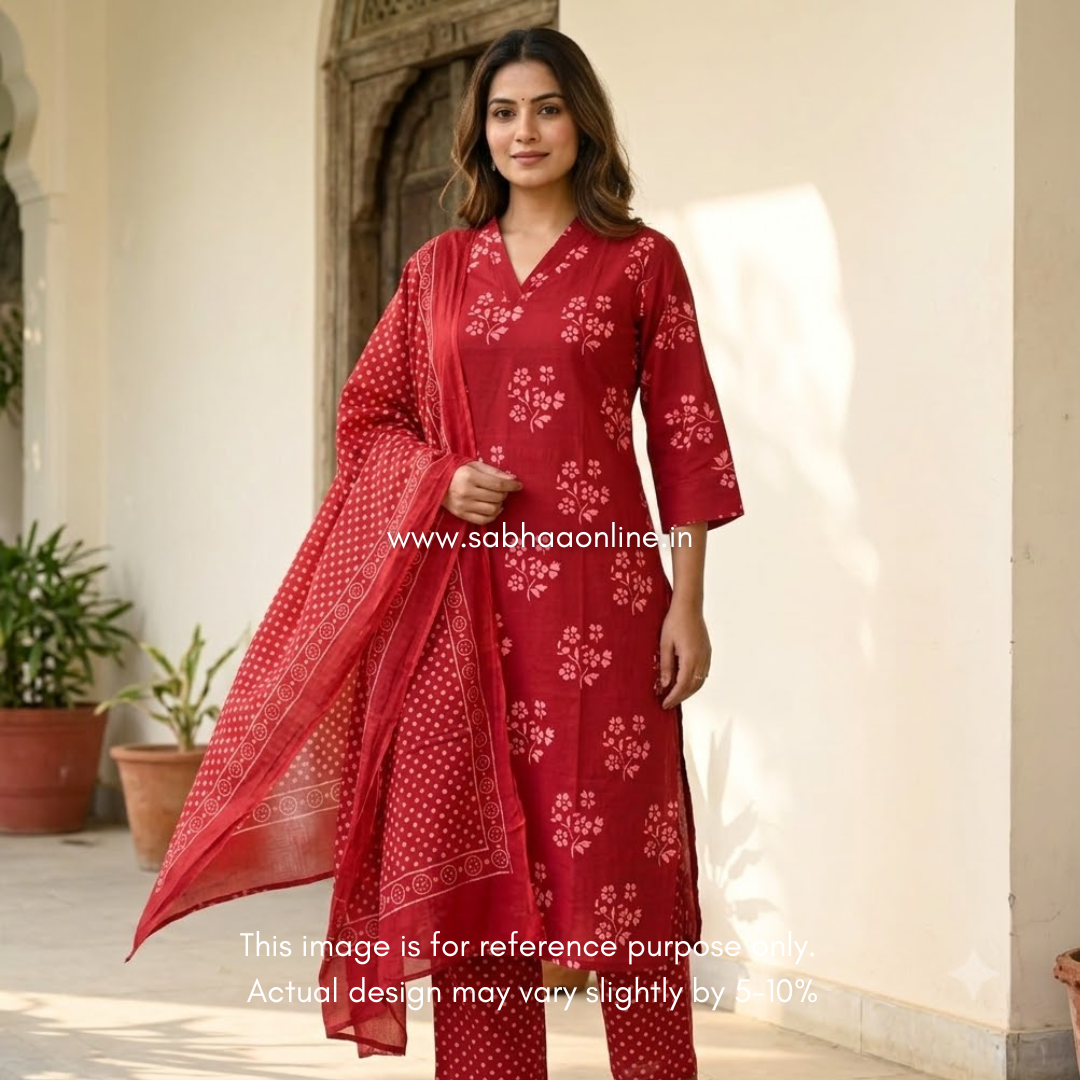 Scarlet - Red Floral Cotton kurti 3pc set with lining - LN 69