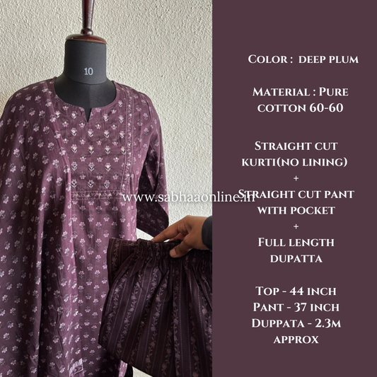 Sayali - Deep Plum Cotton kurti 3pc set - LN 25