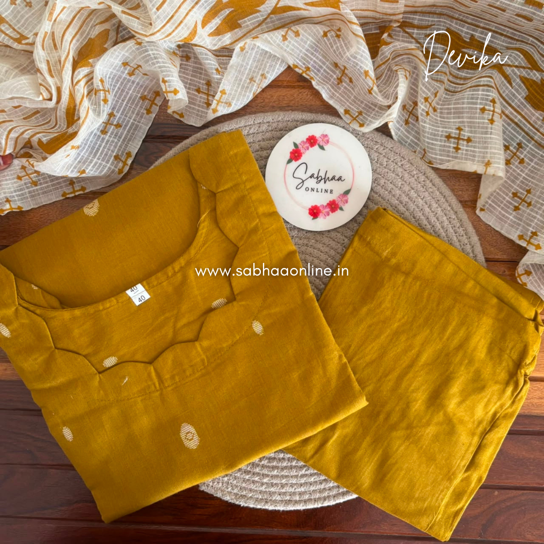 Devika - Mustard Yellow Soft Handloom butta Cotton kurti 3pc set with lining - LN 69