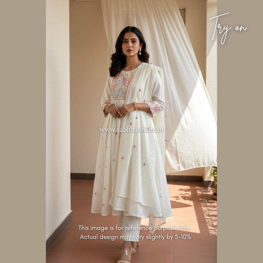 Anagha - Off White Mul Cotton Anarkali Kurti 3pc set with lining - LN 30