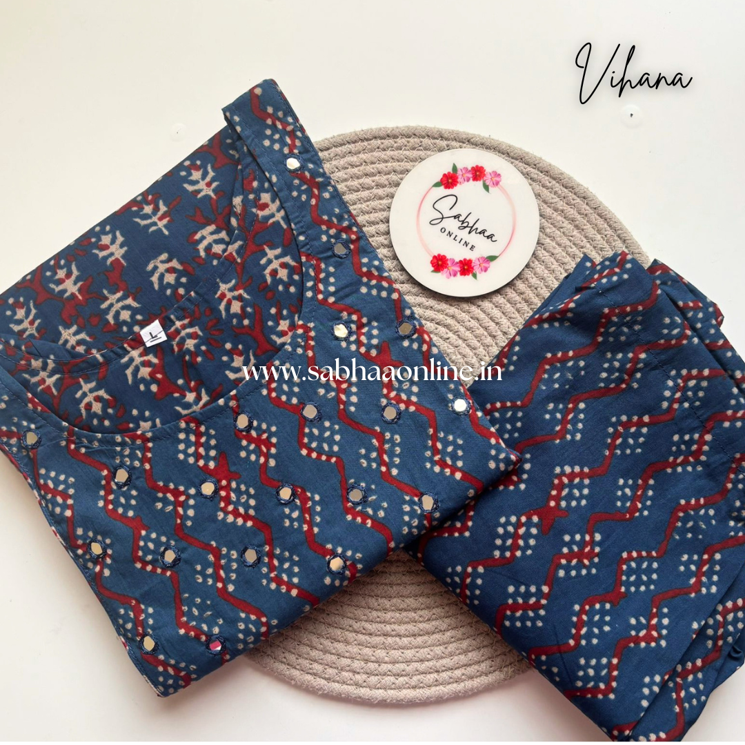 Vihana - Indigo printed blue and red cotton coord set with lining - LN 43