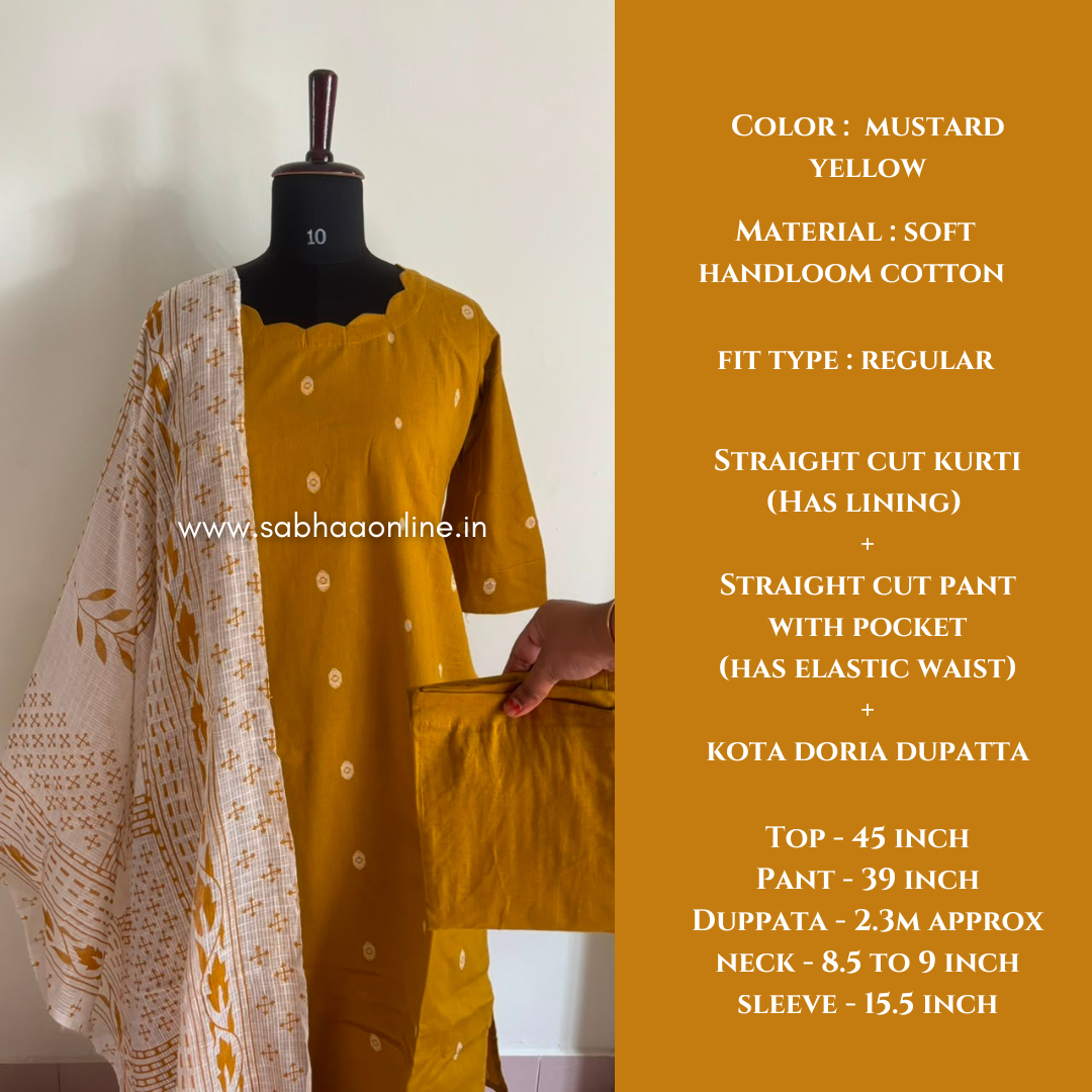 Devika - Mustard Yellow Soft Handloom butta Cotton kurti 3pc set with lining - LN 69