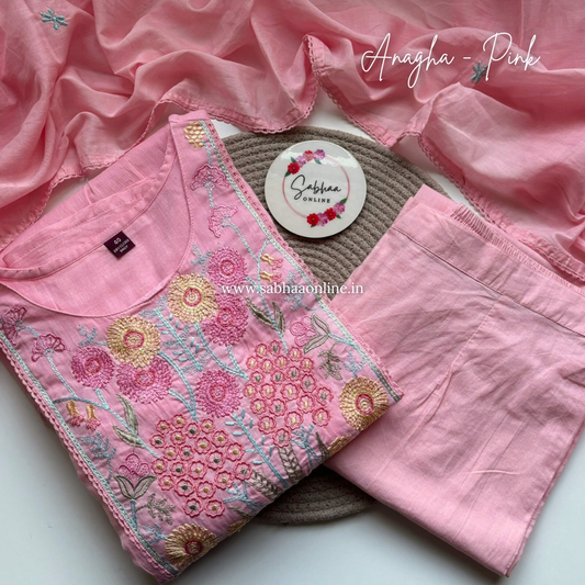 Anagha - Flamingo Pink Mul Cotton Anarkali kurti 3pc set with lining - LN 30