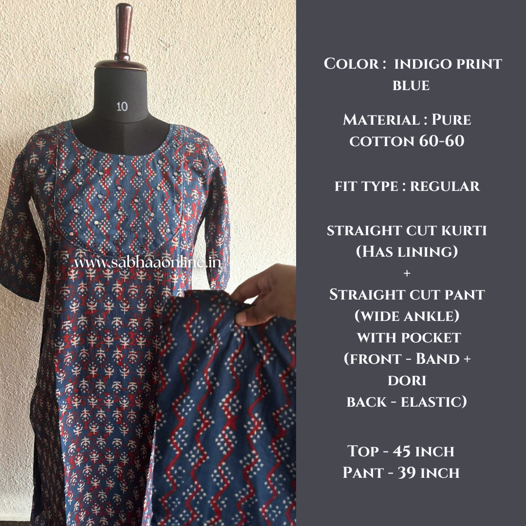 Vihana - Indigo printed blue and red cotton coord set with lining - LN 43