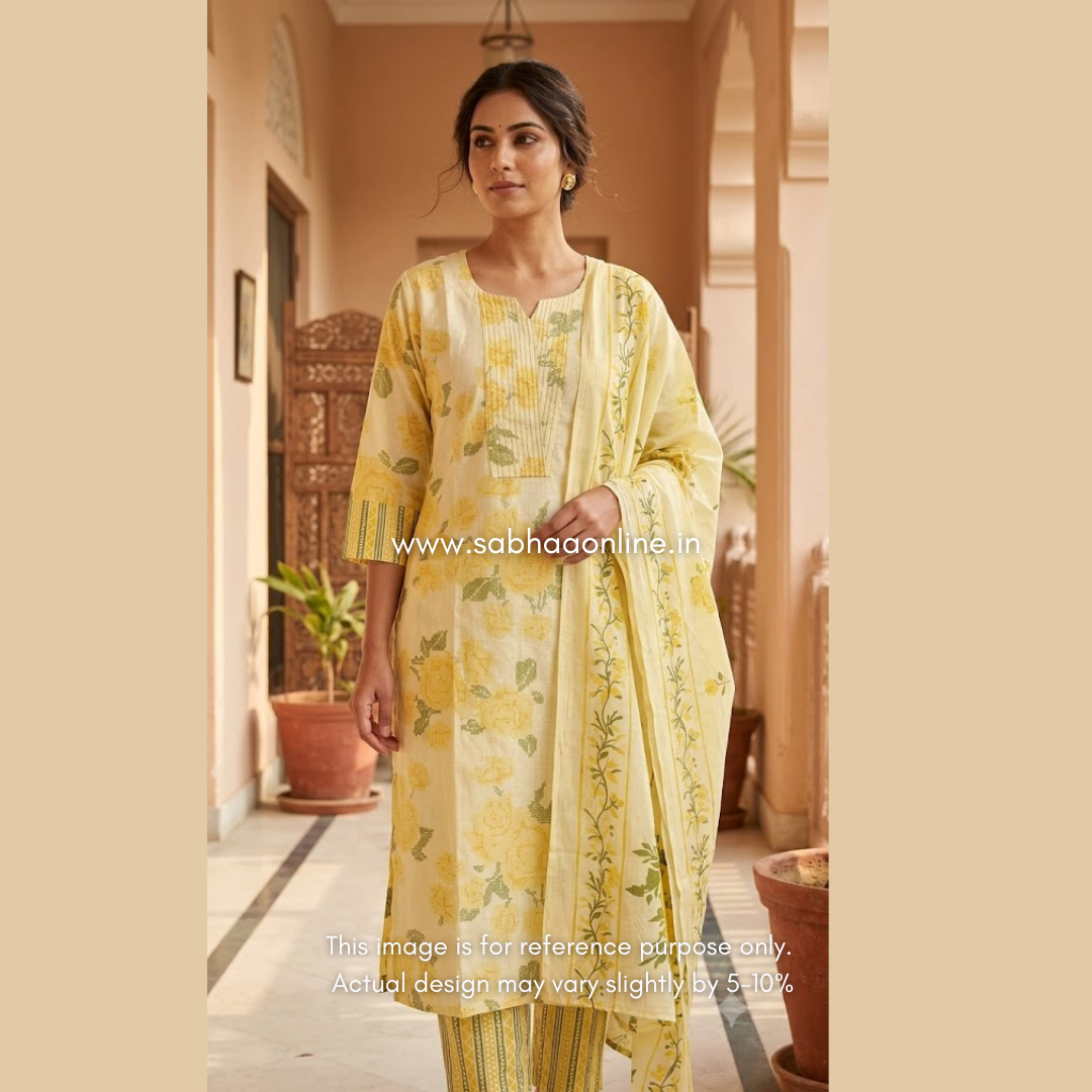 Nayana - Butter Yellow Cotton kurti 3pc set with lining - LN 65