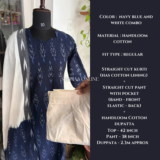 Rincy - Navy blue Ikkat Handloom Cotton kurti 3pc set with lining (Size M 38 only)