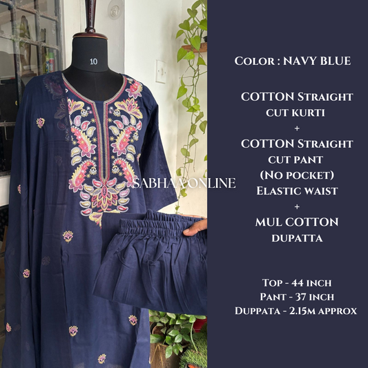 Shabnam - Blue Embroidery Cotton Kurti 3pc set
