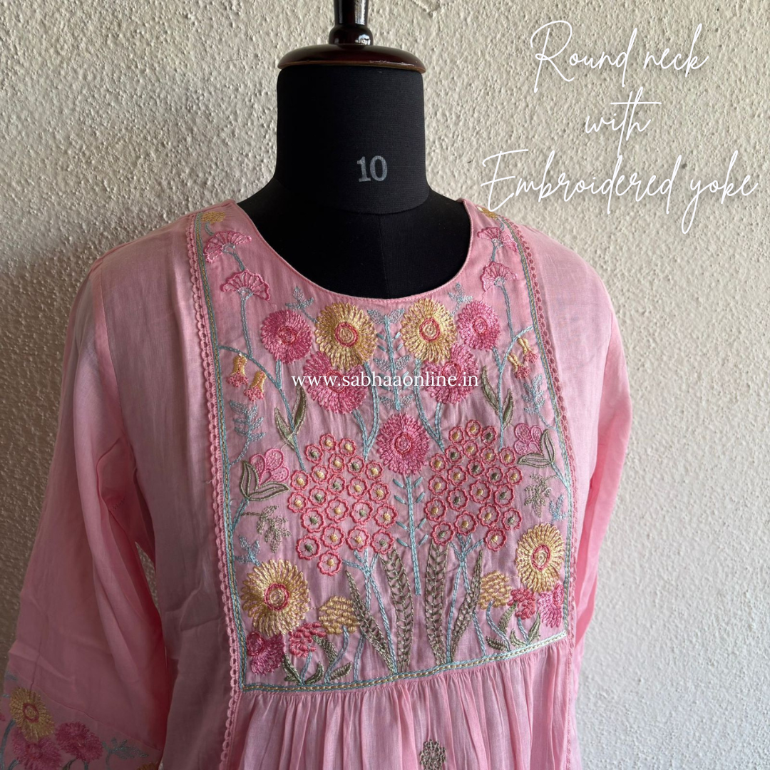 Anagha - Flamingo Pink Mul Cotton Anarkali kurti 3pc set with lining - LN 30