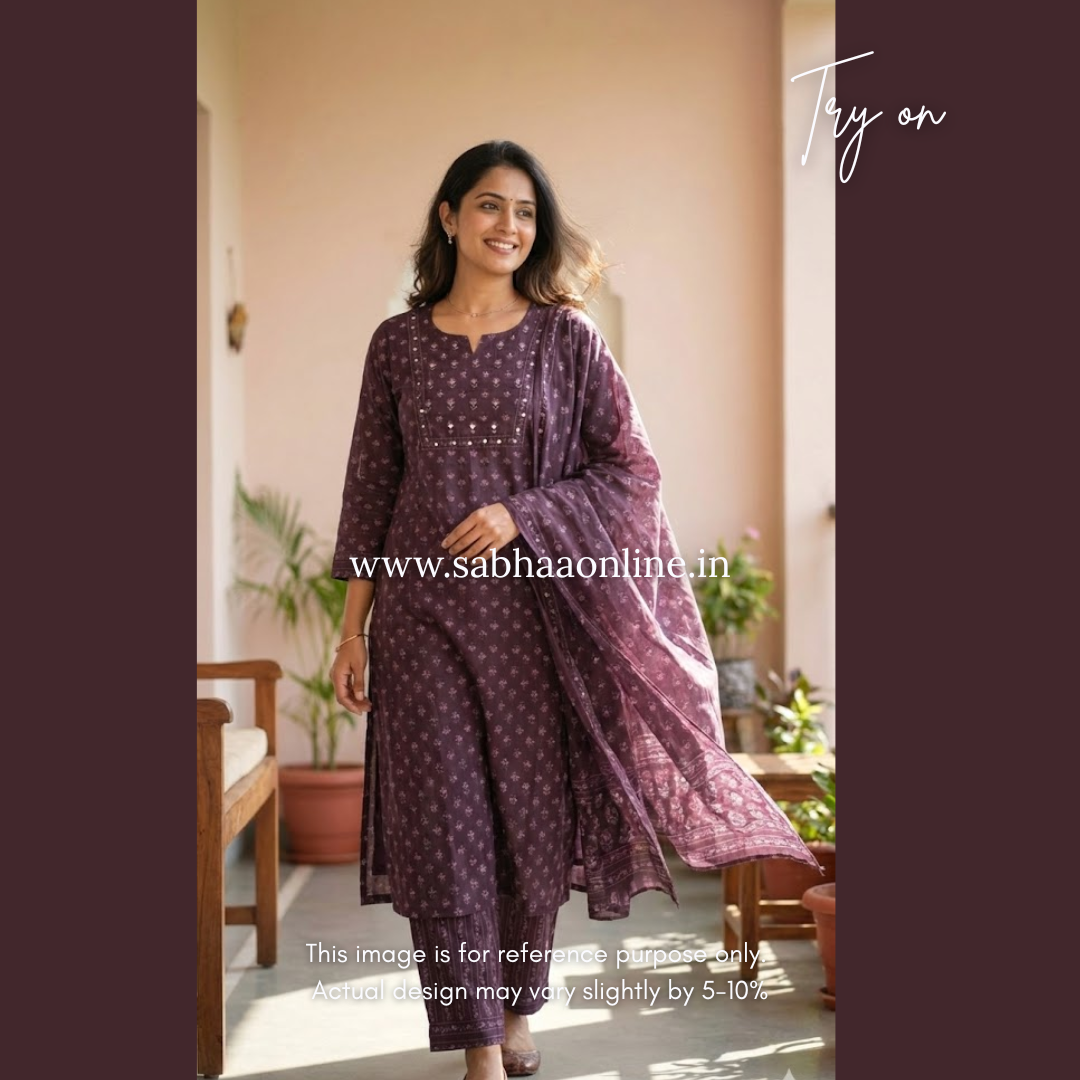 Sayali - Deep Plum Cotton kurti 3pc set - LN 25