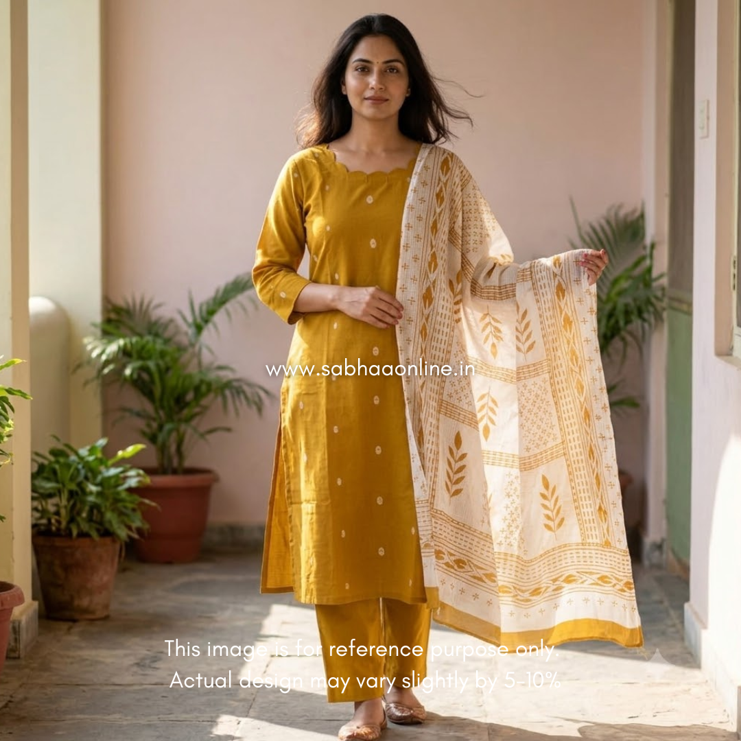 Devika - Mustard Yellow Soft Handloom butta Cotton kurti 3pc set with lining - LN 69