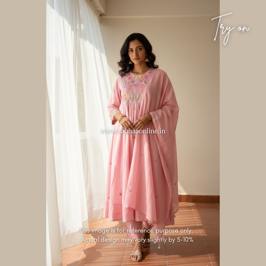 Anagha - Flamingo Pink Mul Cotton Anarkali kurti 3pc set with lining - LN 30