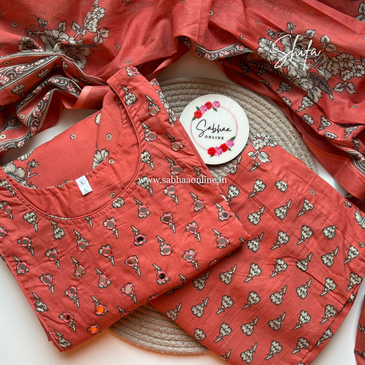 Shifa - Peach Cotton kurti 3pc set with lining - LN 32