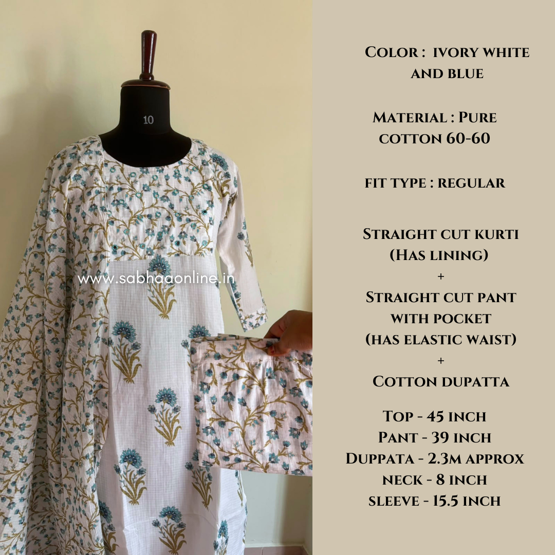 Alia - White and Blue Sanganeri Cotton kurti 3pc set with lining - LN 69