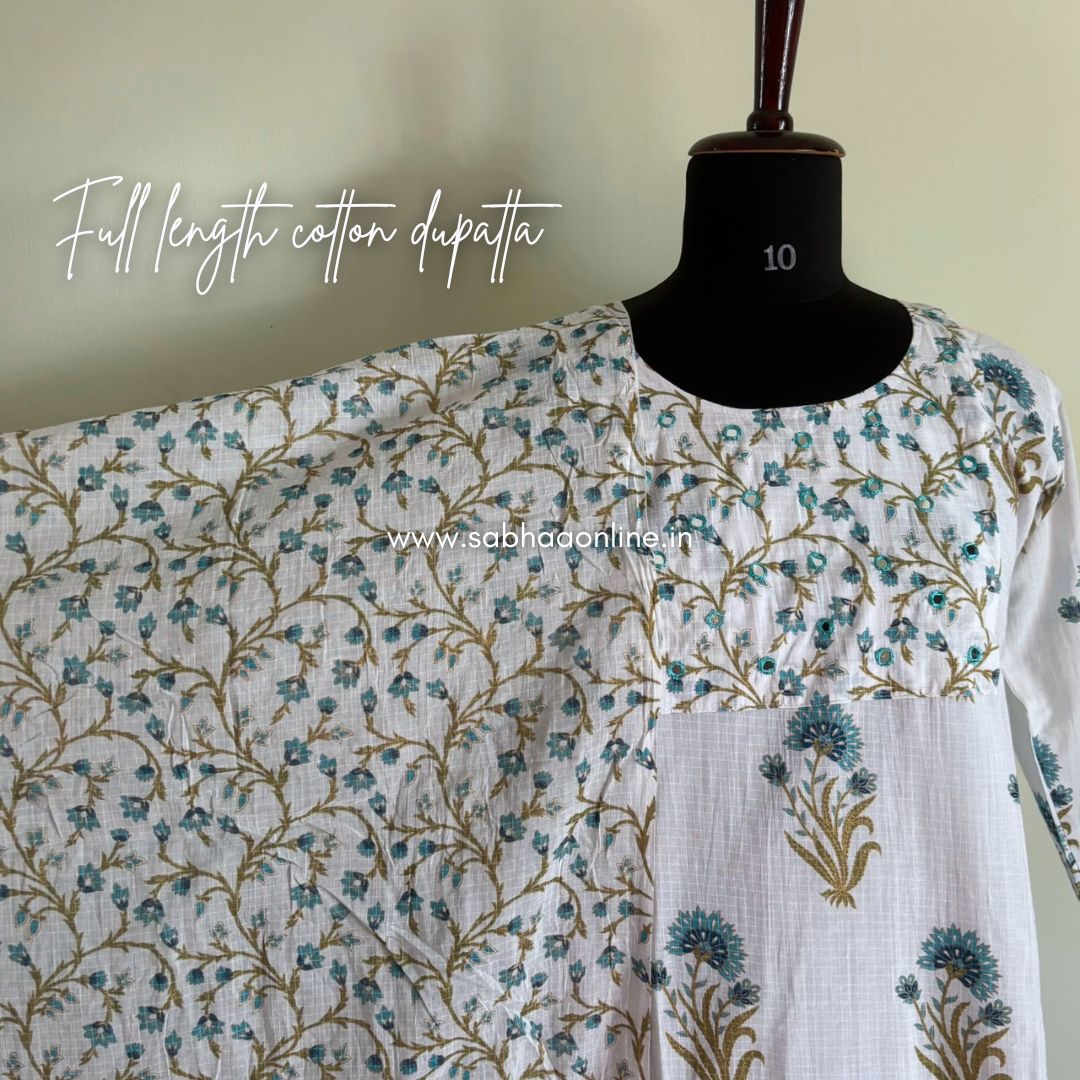 Alia - White and Blue Sanganeri Cotton kurti 3pc set with lining - LN 69