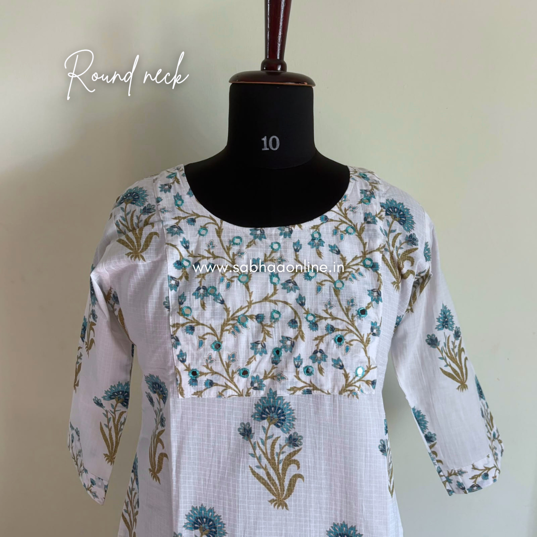Alia - White and Blue Sanganeri Cotton kurti 3pc set with lining - LN 69