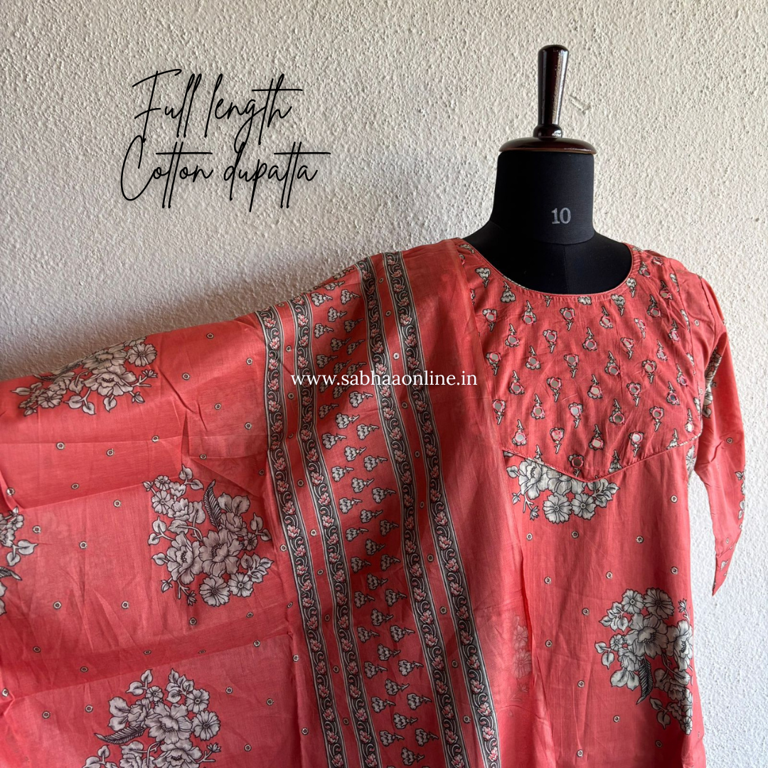 Shifa - Peach Cotton kurti 3pc set with lining - LN 32