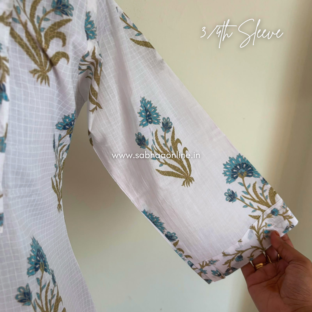 Alia - White and Blue Sanganeri Cotton kurti 3pc set with lining - LN 69