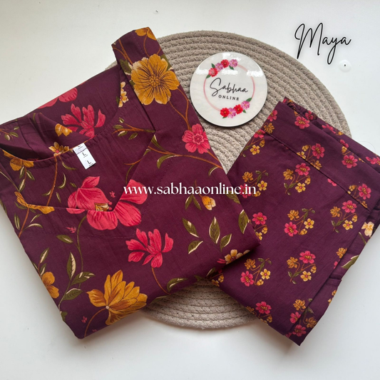 Maya - Wine Floral Cotton Coord set with lining - LN 48