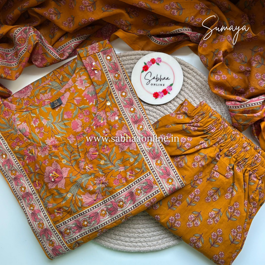 Sumaya - Ochre Orange Cotton kurti 3pc set - LN 28