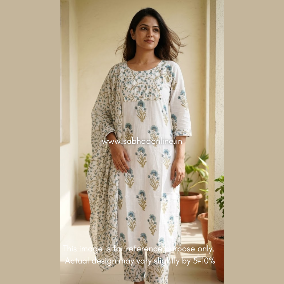 Alia - White and Blue Sanganeri Cotton kurti 3pc set with lining - LN 69