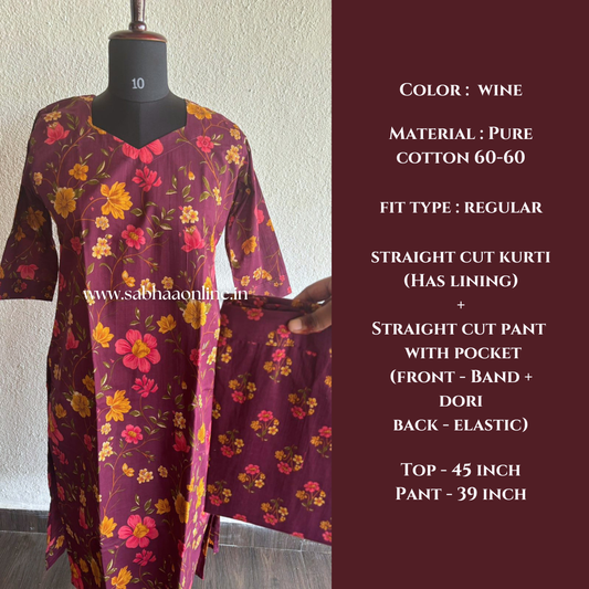 Maya - Wine Floral Cotton Coord set with lining - LN 48