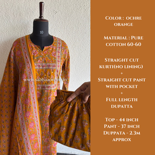 Sumaya - Ochre Orange Cotton kurti 3pc set - LN 28