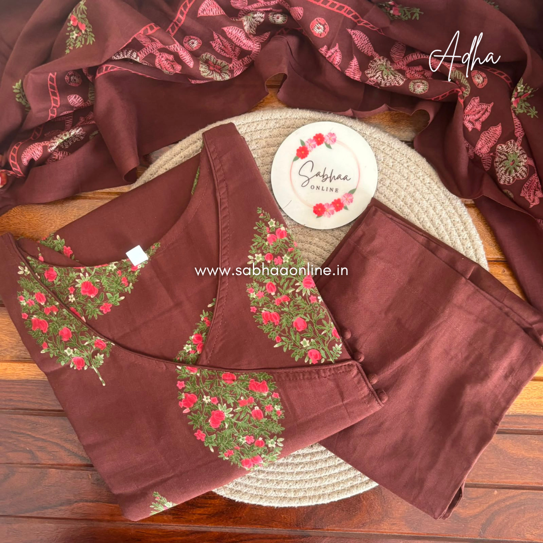 Adha - Chocolate Brown Floral Angrakha Cotton kurti 3pc set with lining - LN 60