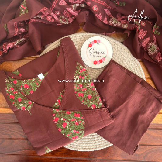 Adha - Chocolate Brown Floral Angrakha Cotton kurti 3pc set with lining - LN 60