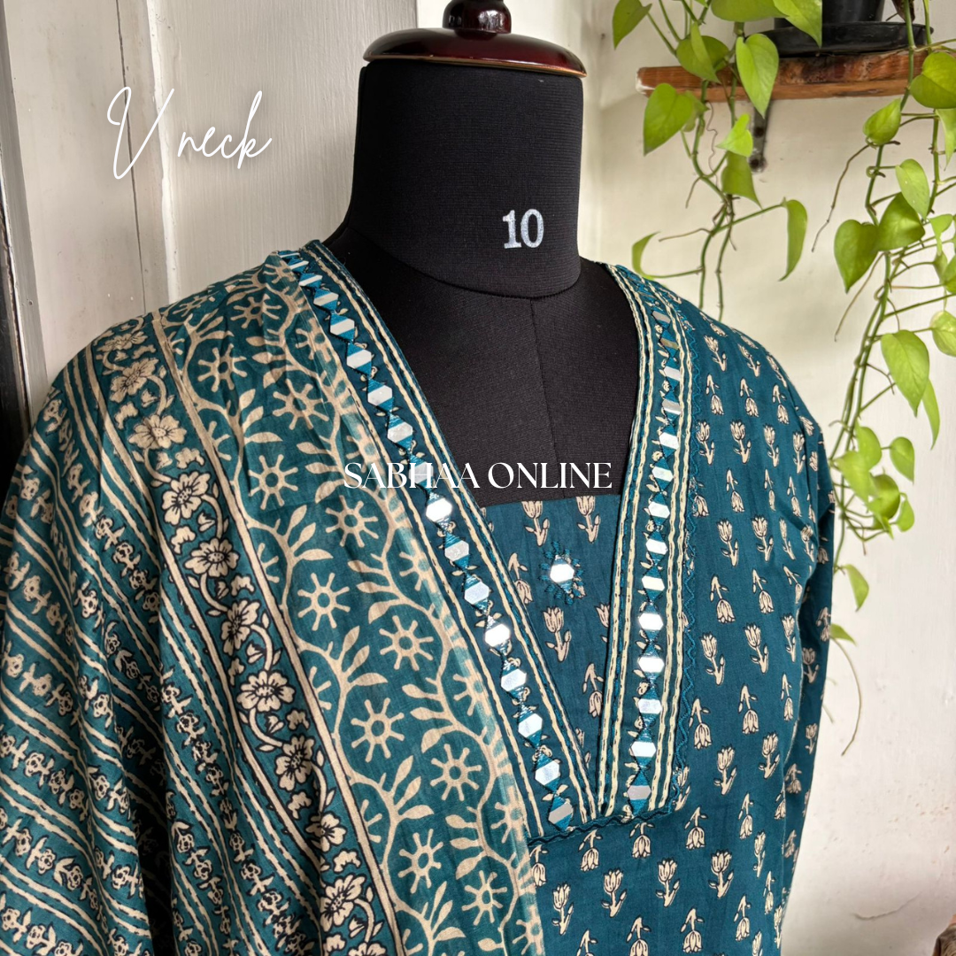 Aradhana - Dark teal and beige Cotton kurti 3pc set