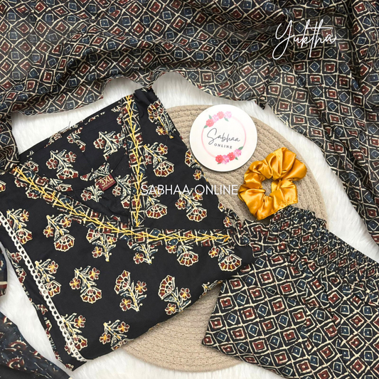 Yukta - Black Katha embroidery Cotton Kurti 3pc set