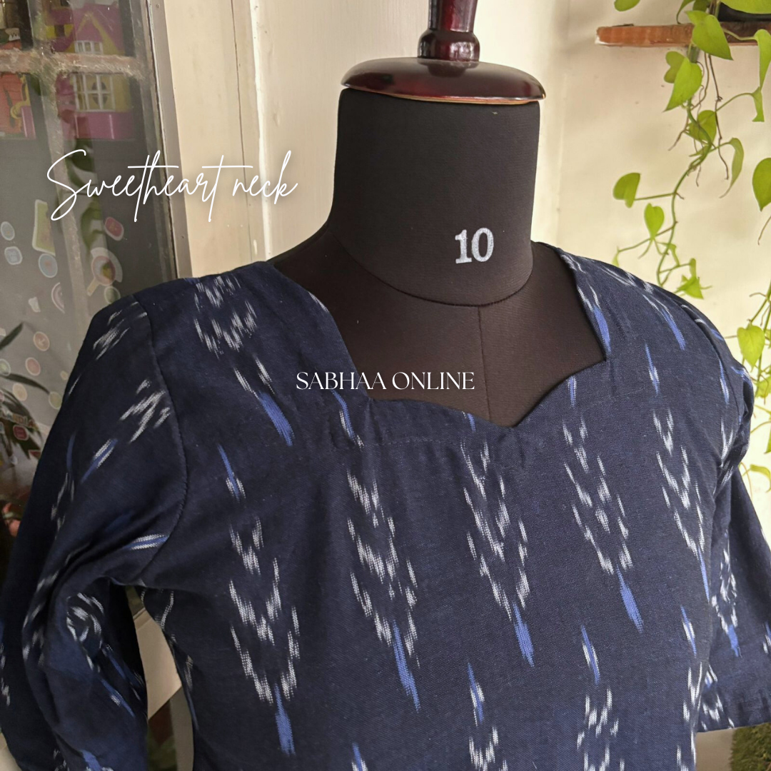 Rincy - Navy blue Ikkat Handloom Cotton kurti 3pc set with lining (Size M 38 only)