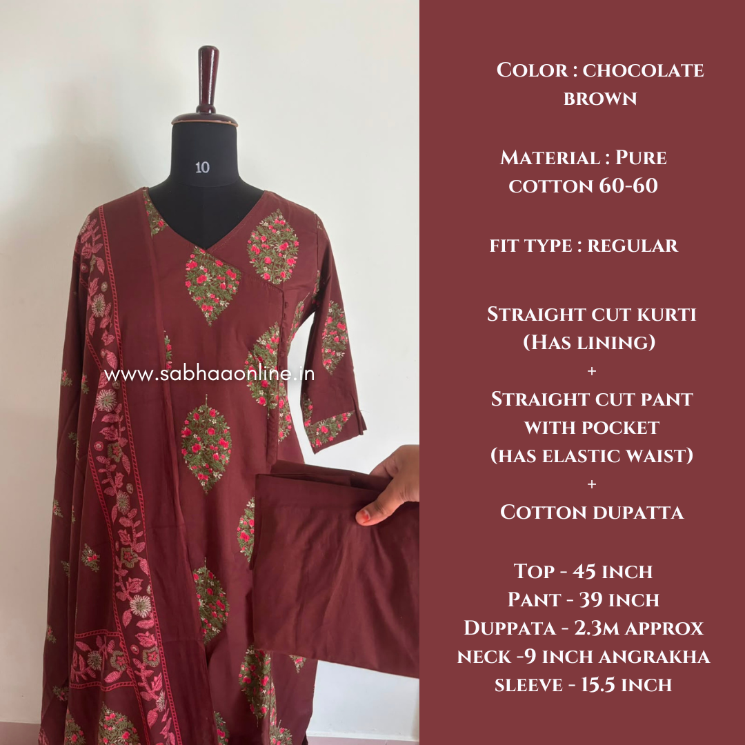 Adha - Chocolate Brown Floral Angrakha Cotton kurti 3pc set with lining - LN 60