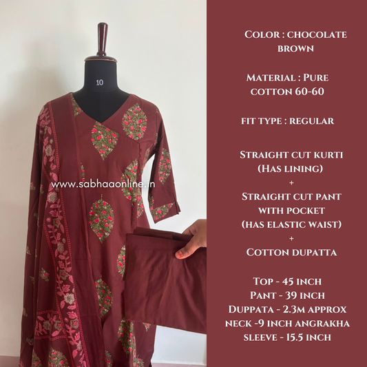 Adha - Chocolate Brown Floral Angrakha Cotton kurti 3pc set with lining - LN 60