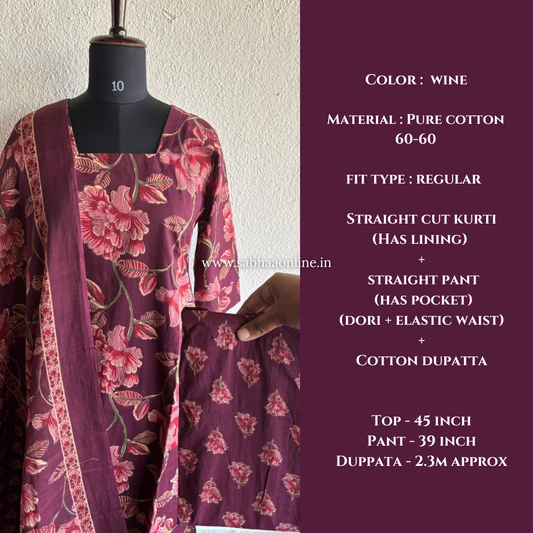 Suzan - Wine Cotton kurti 3pc set with lining -LN 32