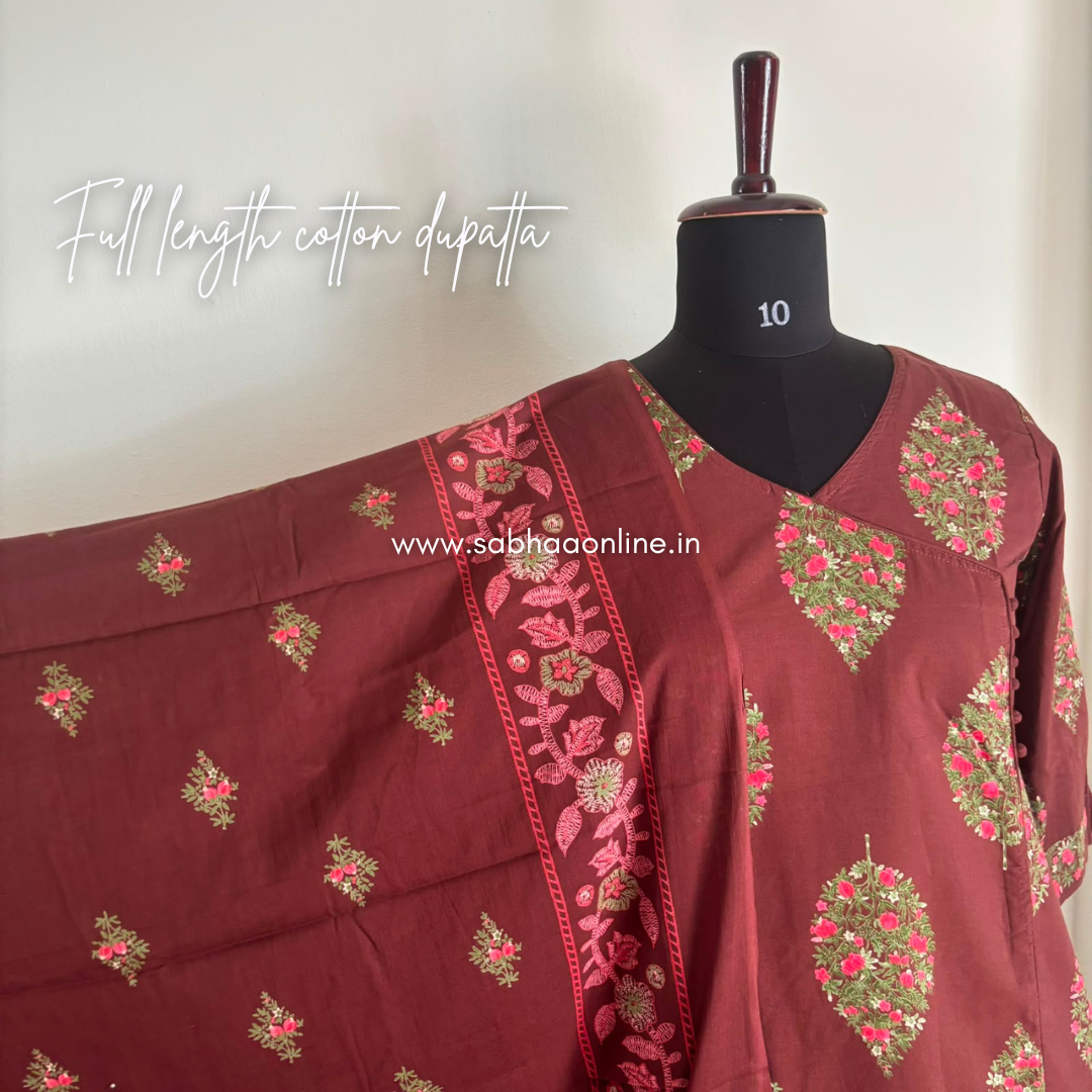 Adha - Chocolate Brown Floral Angrakha Cotton kurti 3pc set with lining - LN 60