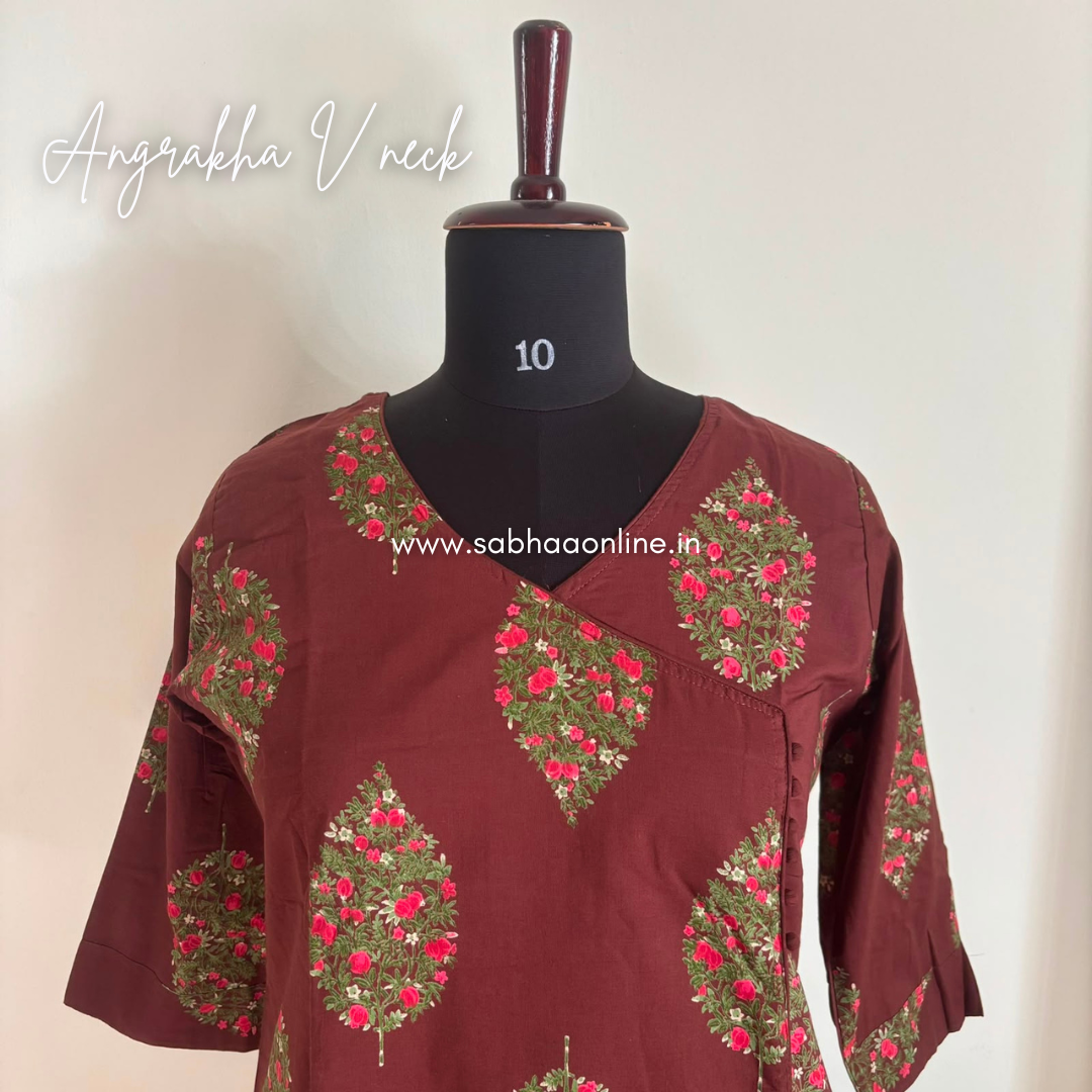 Adha - Chocolate Brown Floral Angrakha Cotton kurti 3pc set with lining - LN 60