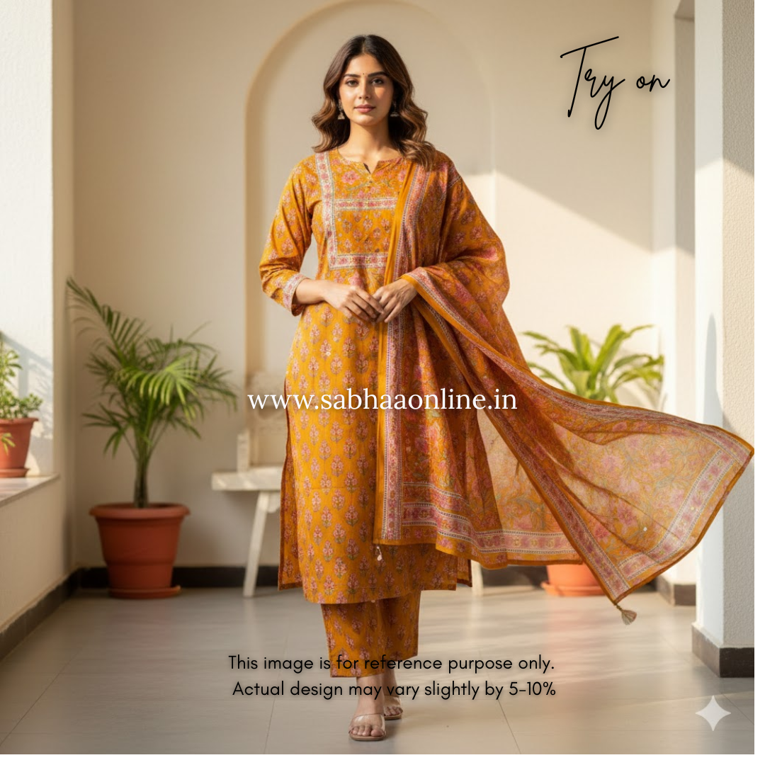 Sumaya - Ochre Orange Cotton kurti 3pc set - LN 28