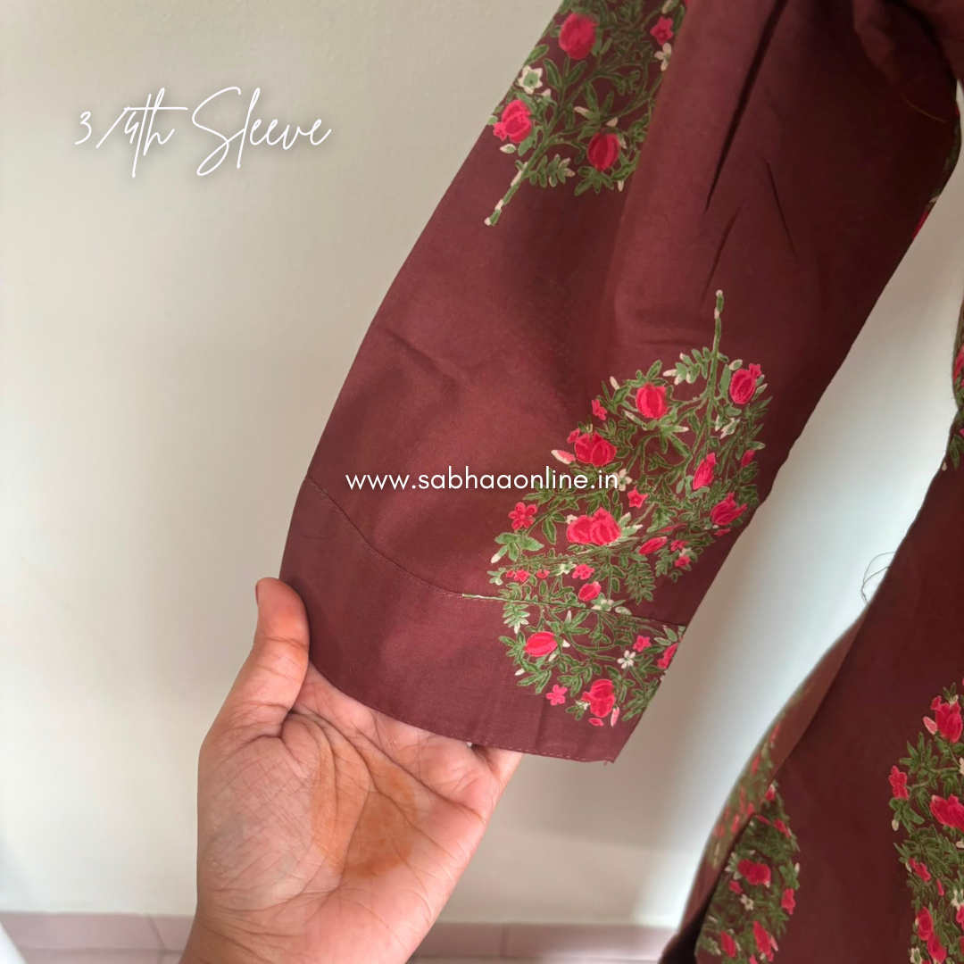 Adha - Chocolate Brown Floral Angrakha Cotton kurti 3pc set with lining - LN 60