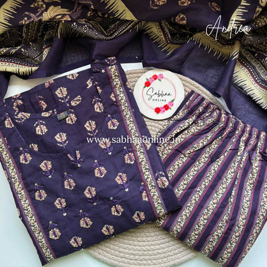 Andrea - Violet Indigo Cotton kurti 3pc set - LN 28