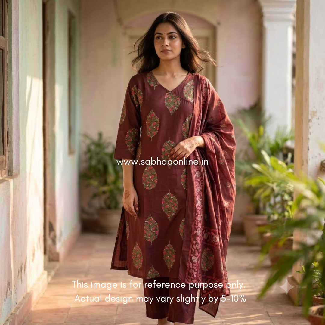 Adha - Chocolate Brown Floral Angrakha Cotton kurti 3pc set with lining - LN 60