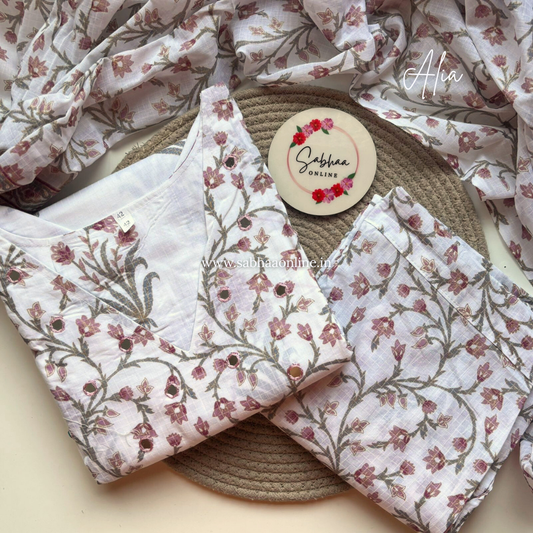 Alia - Off White Sanganeri Cotton kurti 3pc set with lining - LN 32