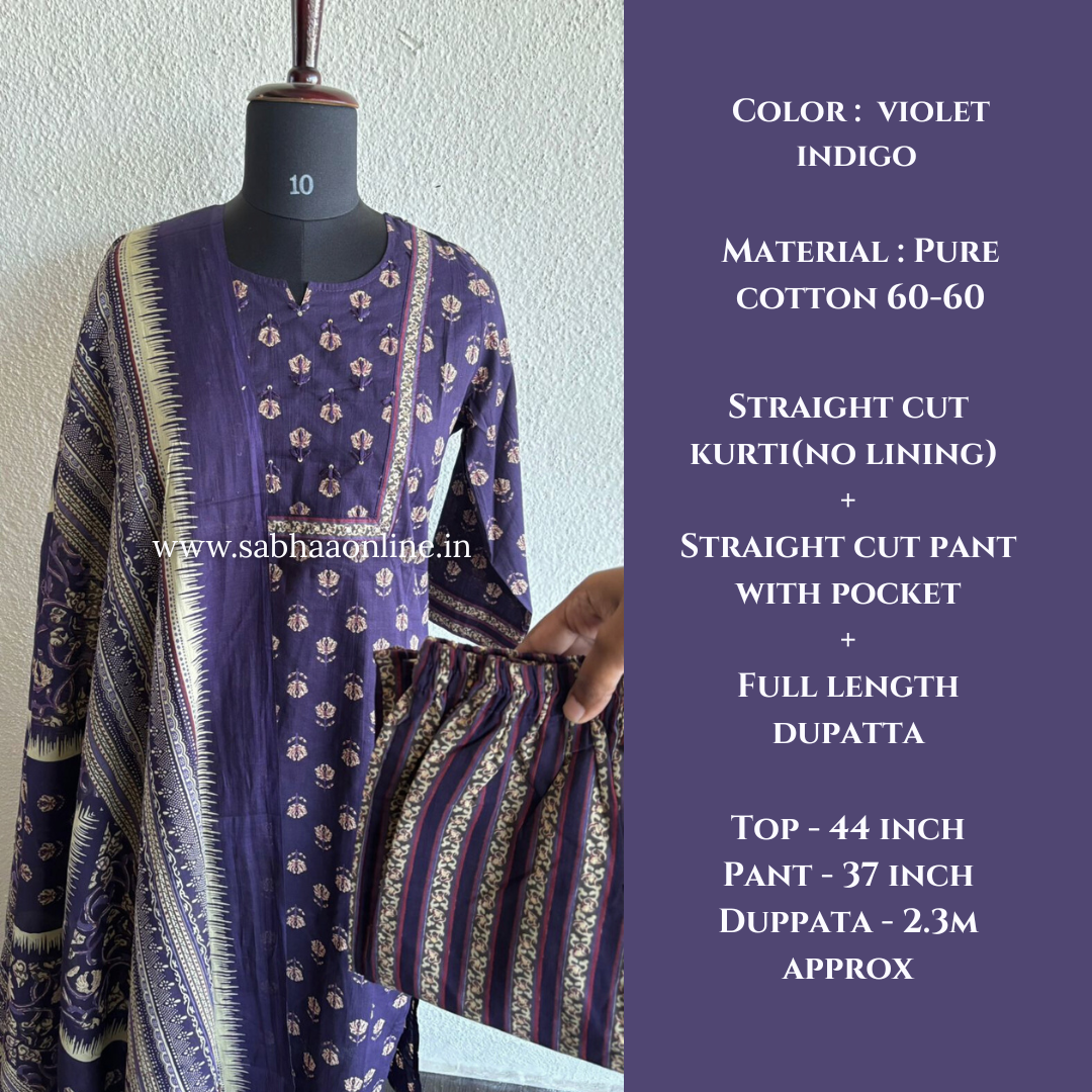 Andrea - Violet Indigo Cotton kurti 3pc set - LN 28