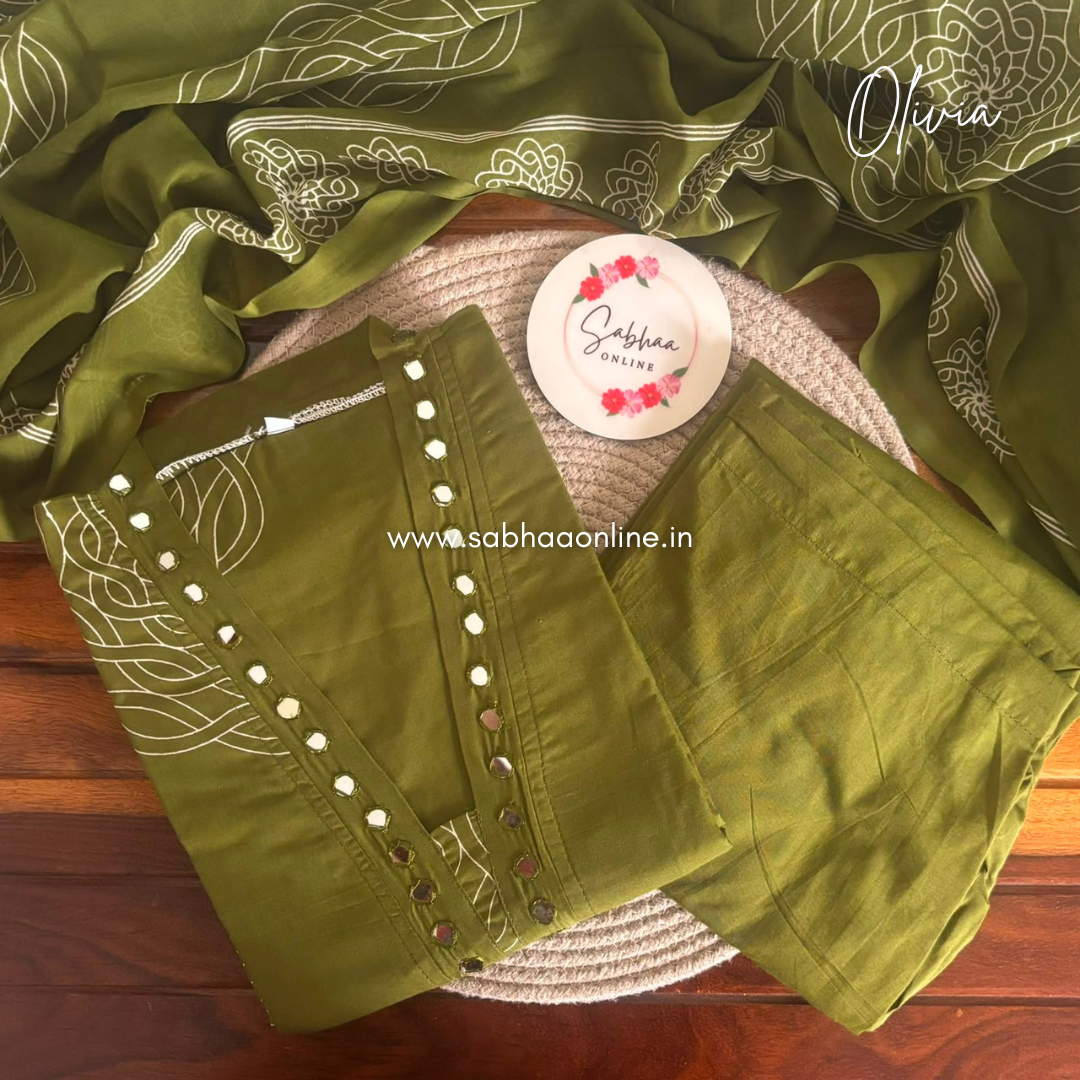 Olivia - Olive green Cotton Kurti 3pc set with lining - LN 61
