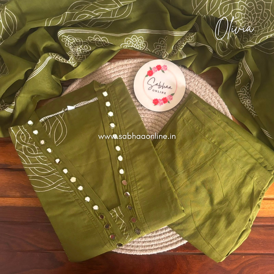 Olivia - Olive green Cotton Kurti 3pc set with lining - LN 61