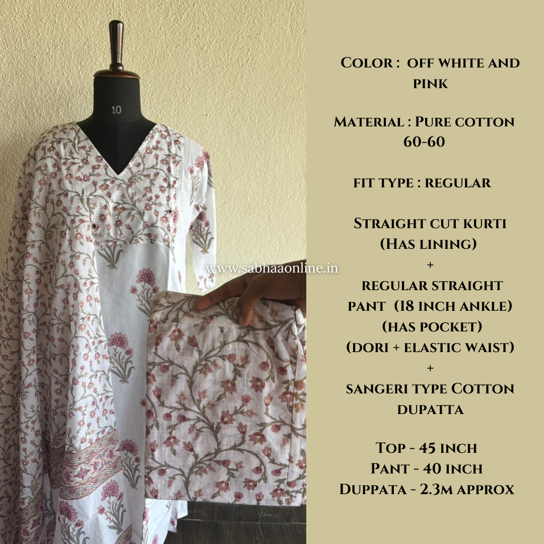 Alia - Off White Sanganeri Cotton kurti 3pc set with lining - LN 32