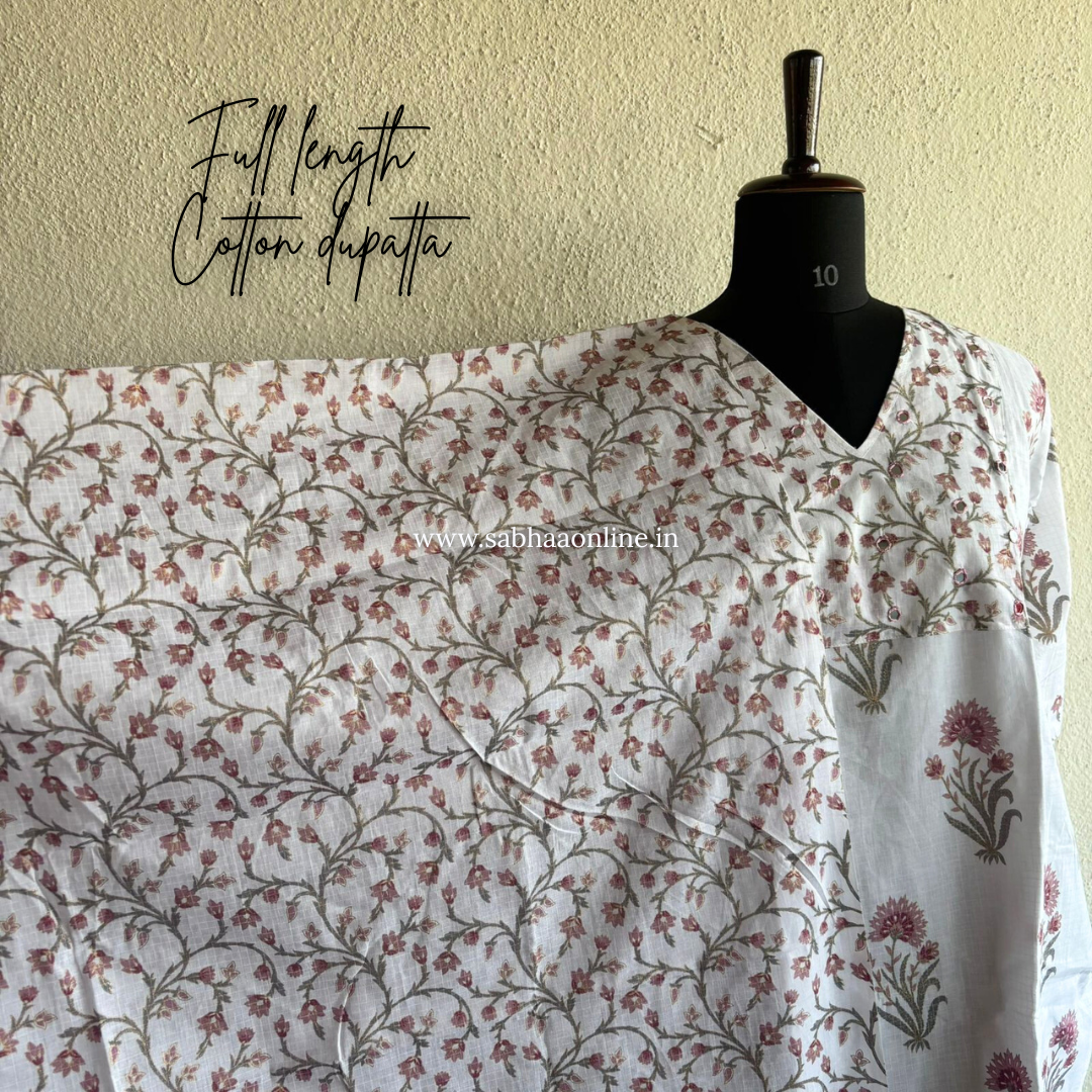 Alia - Off White Sanganeri Cotton kurti 3pc set with lining - LN 32