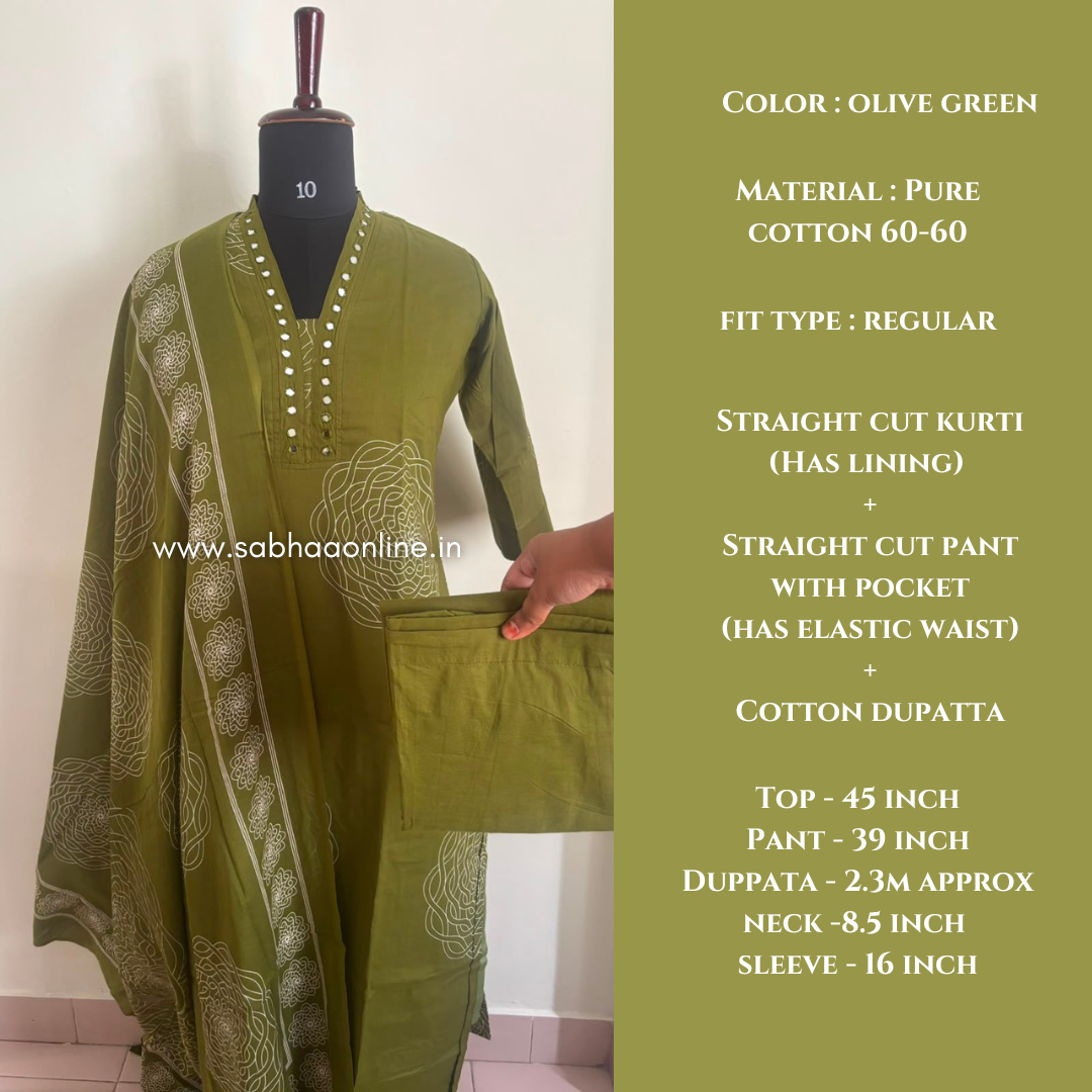Olivia - Olive green Cotton Kurti 3pc set with lining - LN 61