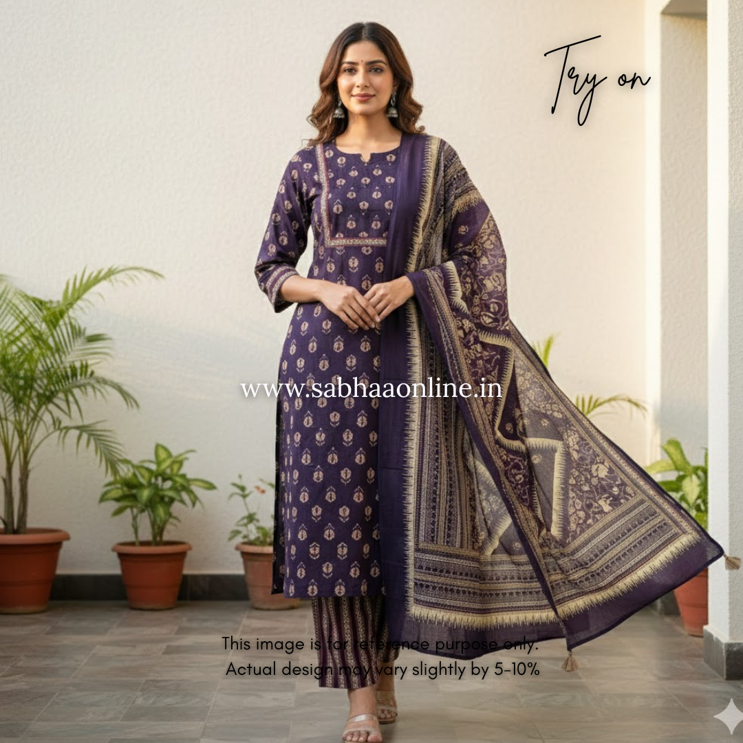 Andrea - Violet Indigo Cotton kurti 3pc set - LN 28