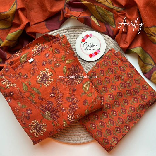 Aarathy - Rust Orange Cotton Anarkali kurti 3pc set with lining - LN 33