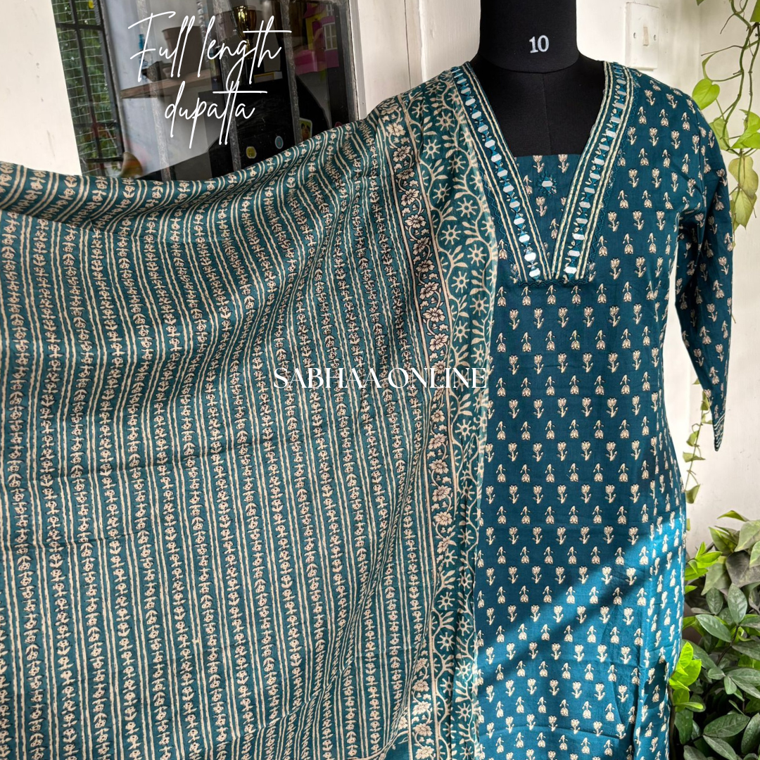 Aradhana - Dark teal and beige Cotton kurti 3pc set
